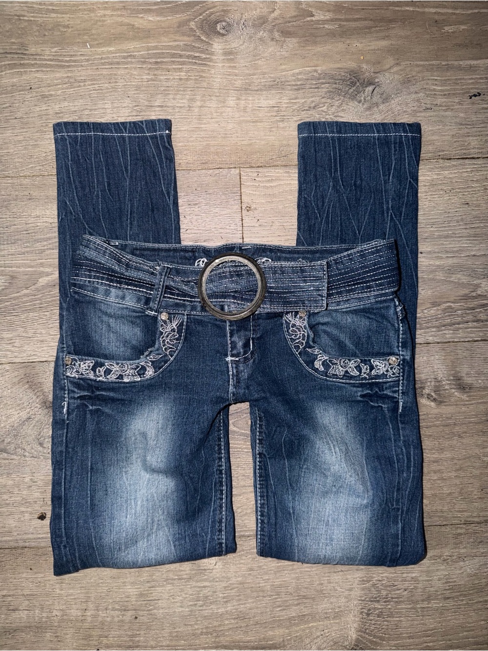 Vintage Y2K Salvage Dark Blue Jeans with Ring Belt & Pocket Embroidery